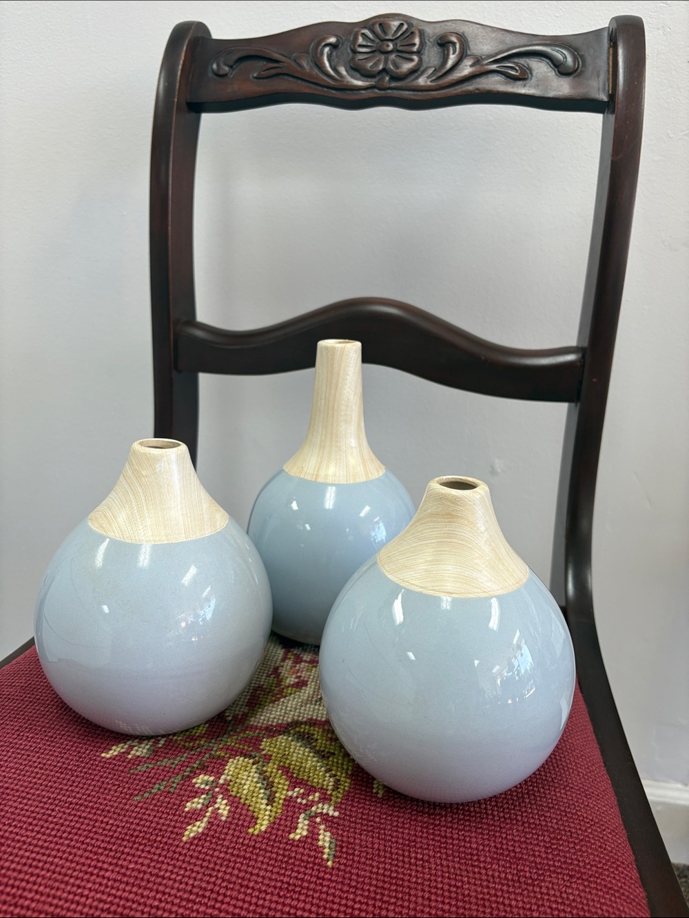Neutral Blue-Gray Ceramic Bud Vases with Natural Top - Set of 3